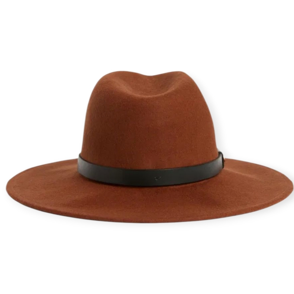 NWT All Saints Logo Rivet Wool And Leather Fedora In Butterscotch